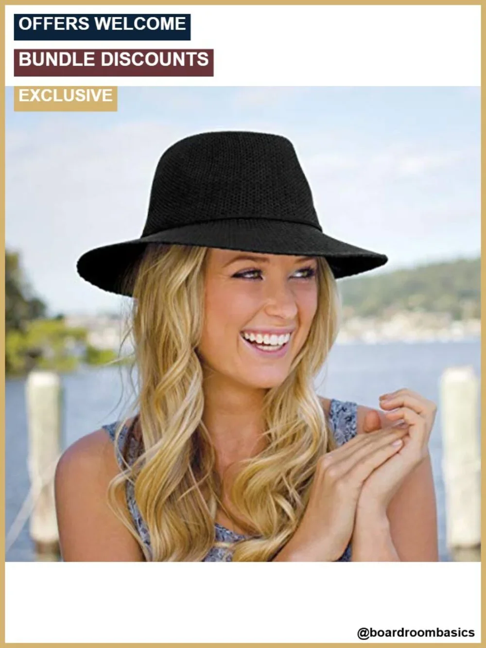 UPF 50+ Poly-Straw Fedora Sun Hat, Packable Wide Brim, Adjustable Drawstring,